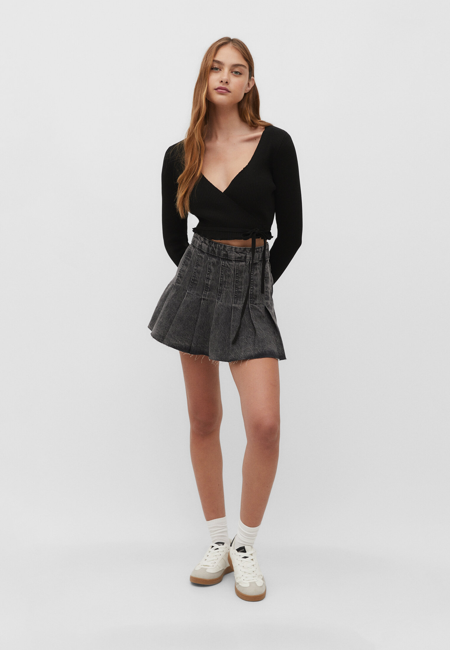 Denim box pleat mini skirt