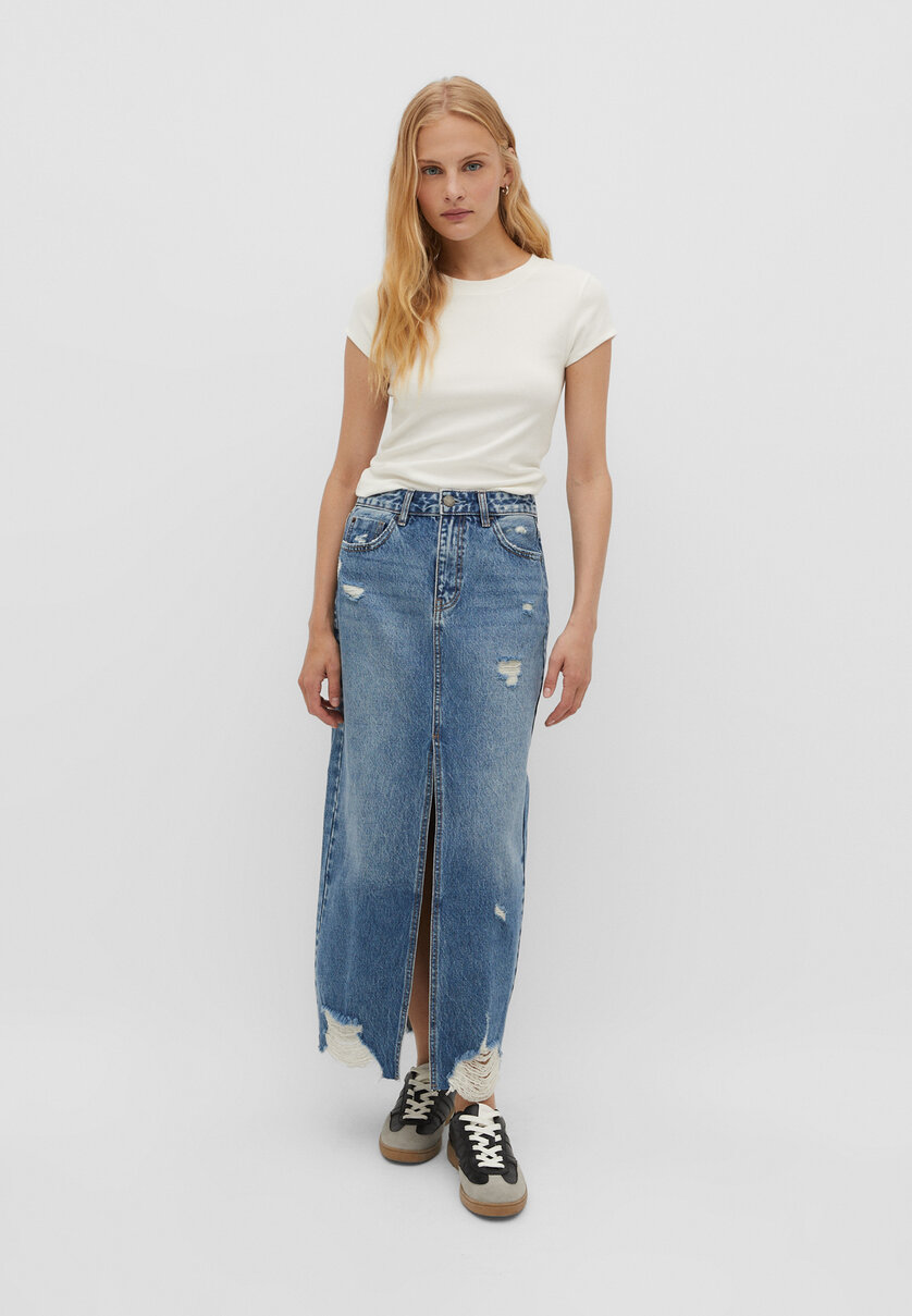 Long distressed denim skirt Women s fashion Stradivarius