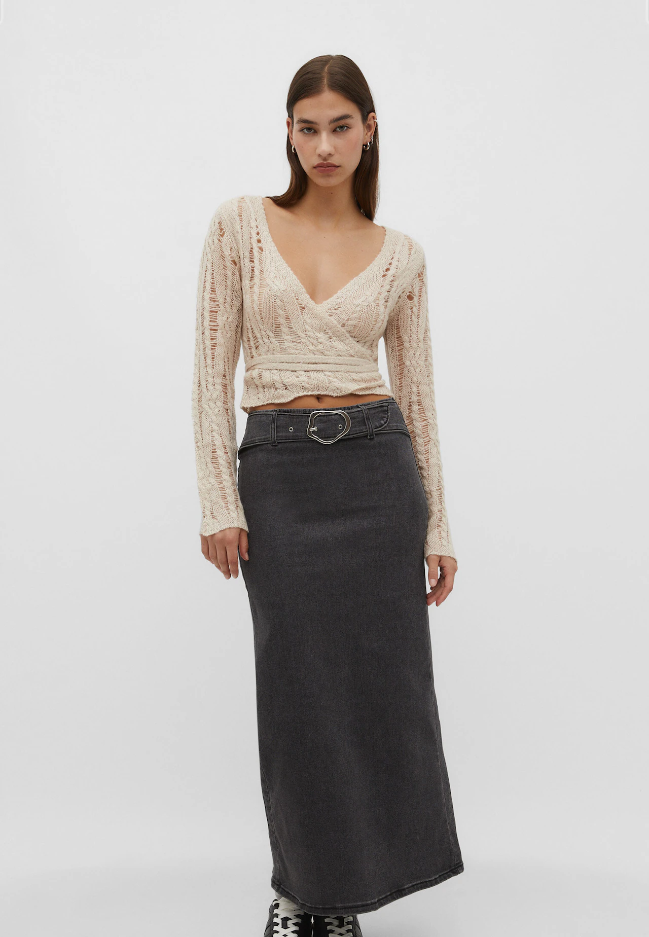 Belted denim maxi skirt - Women's fashion