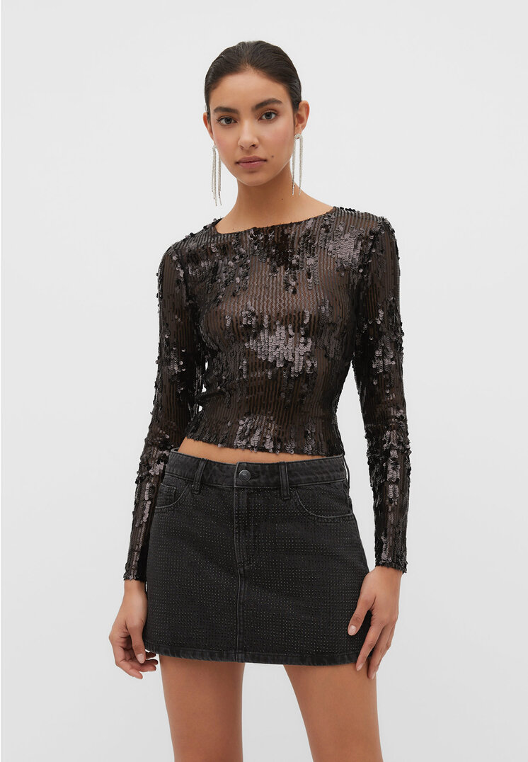 

Stradivarius Jeansowa błyszcząca spódnica mini Czarny denim 38