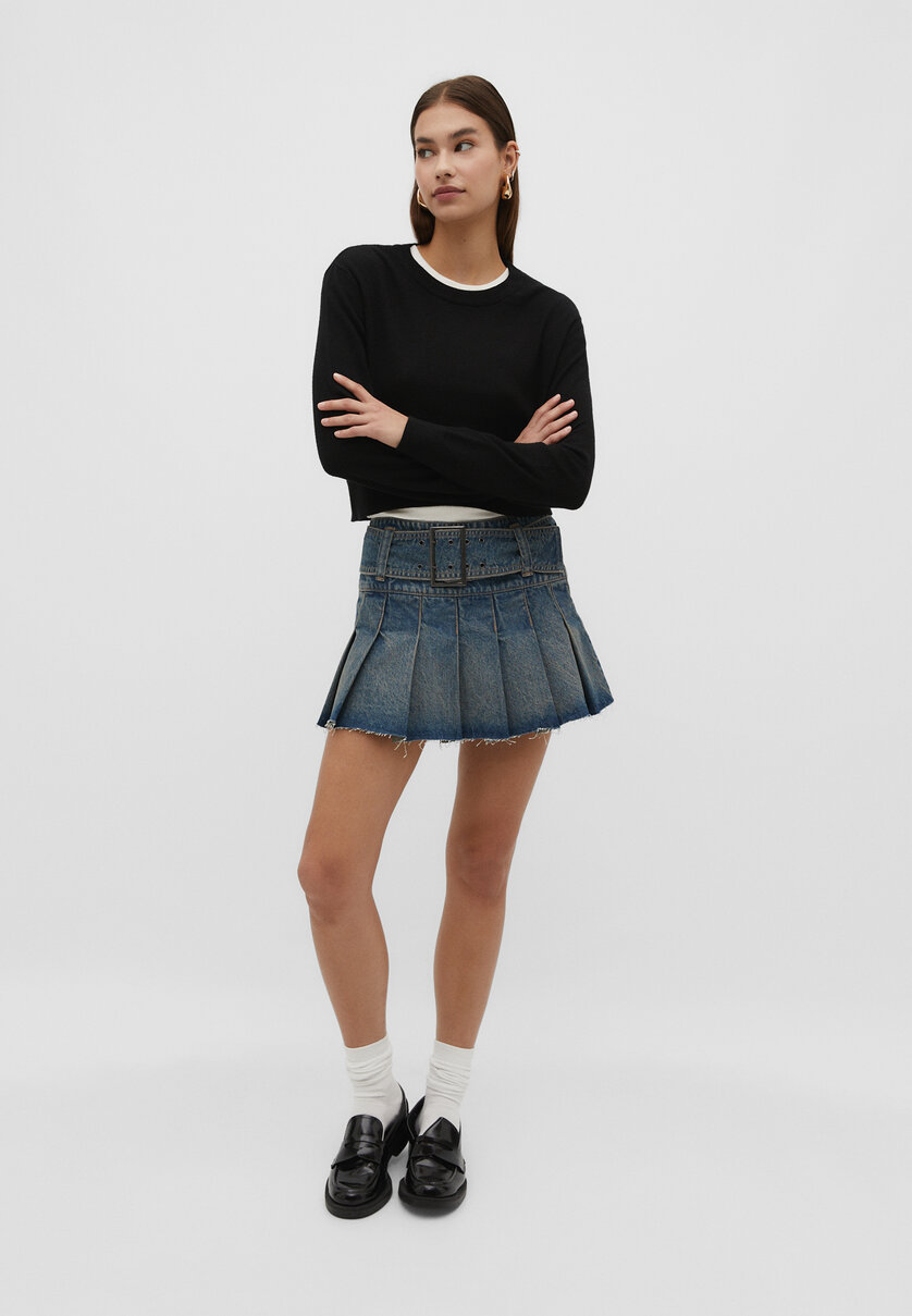 Box pleat denim mini skirt - Women's fashion | Stradivarius United