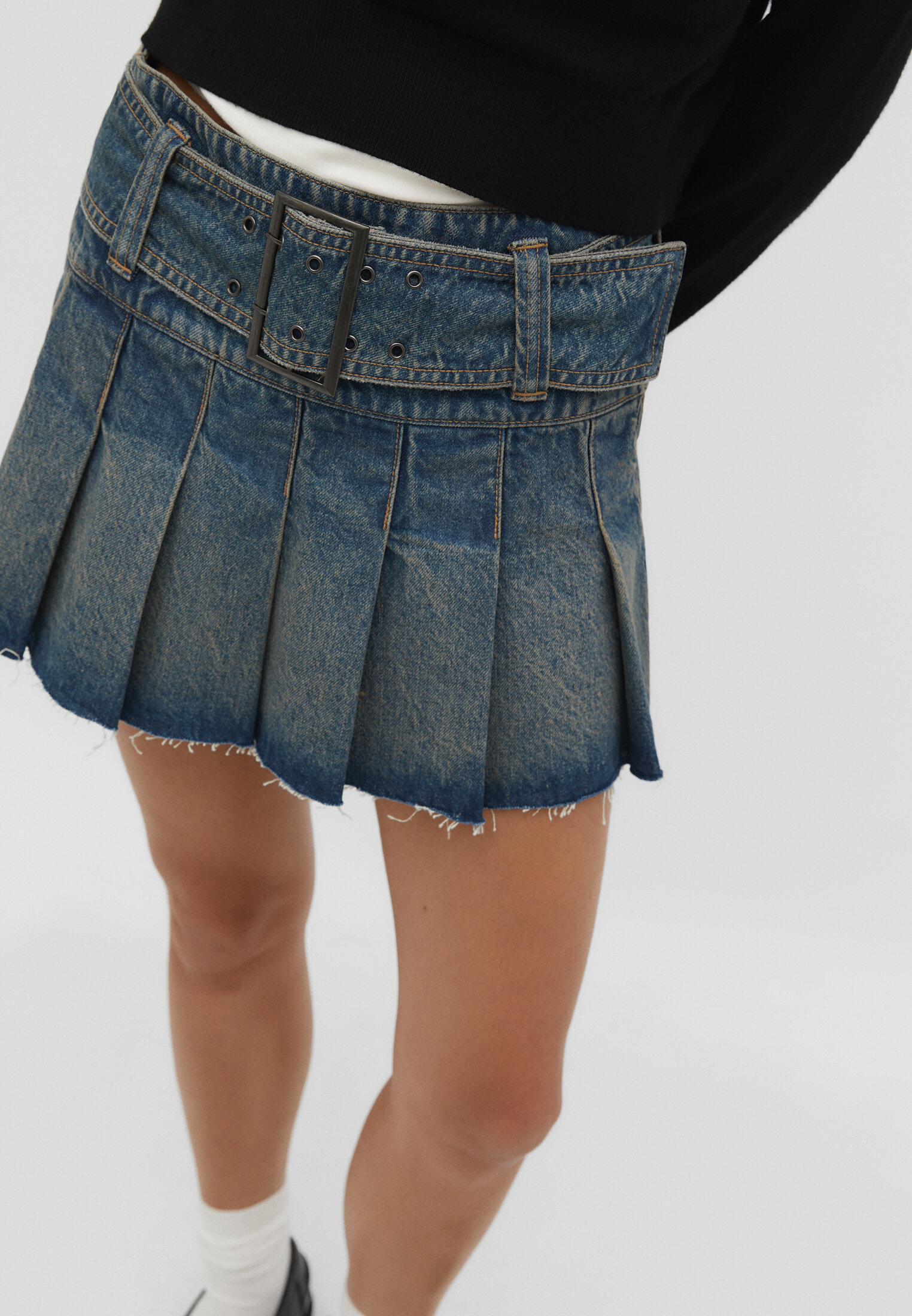 Box pleat denim mini skirt