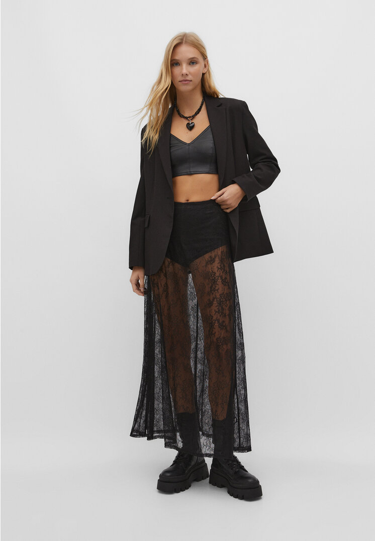 Stradivarius Koronkowa spódnica maxi Czarny XS