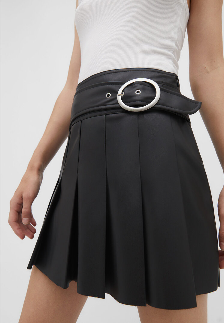 Faux leather box pleat mini skirt - Women's fashion