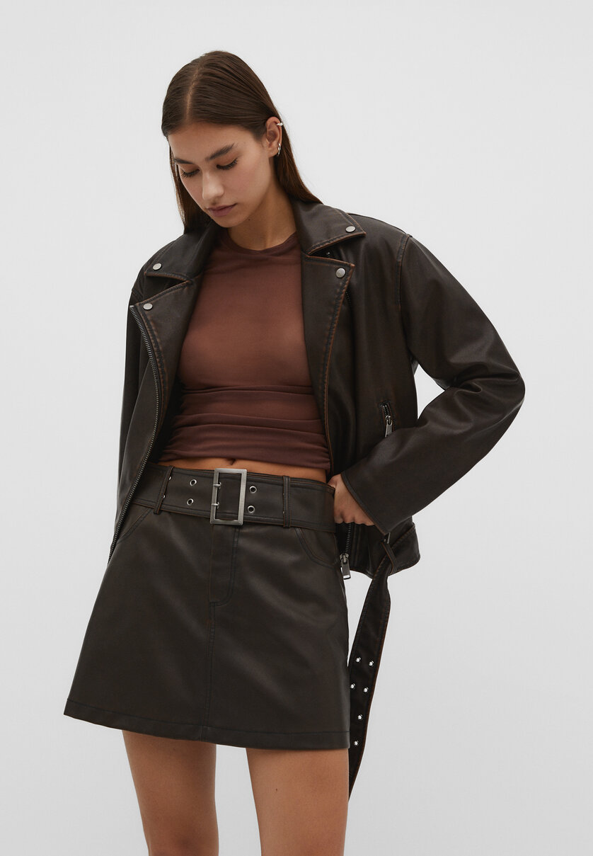 Leather effect belted mini skirt