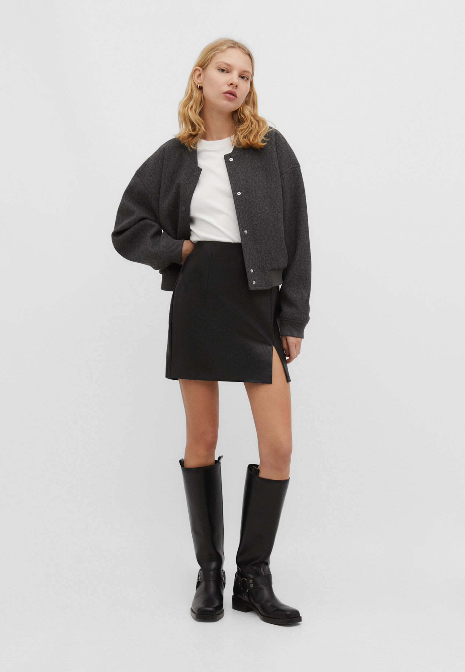 Stradivarius faux leather shop mini skirt in black