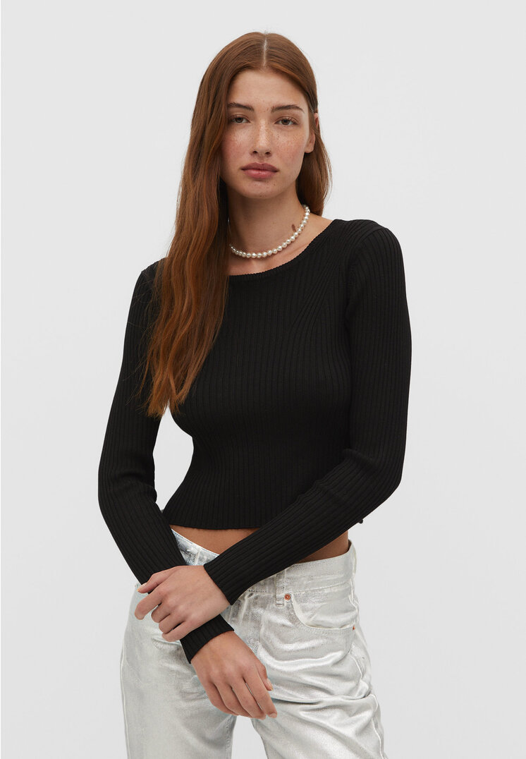 

Stradivarius Prążkowany sweter basic Czarny M