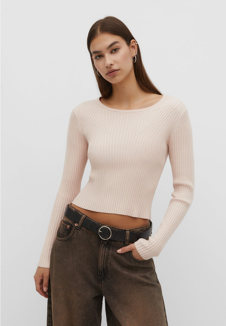 

Stradivarius Basic-Pullover mit Rippenmuster Hellbeige S