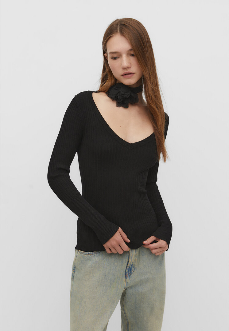 Stradivarius Strickpullover mit V-Ausschnitt Schwarz XL