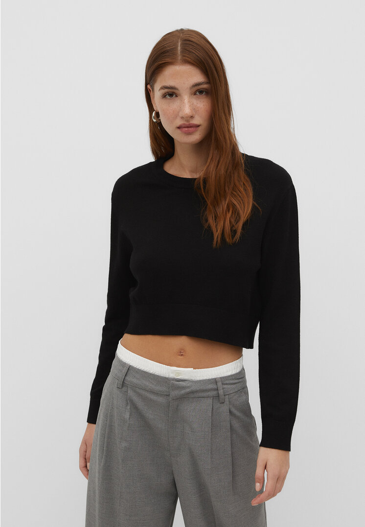 

Stradivarius Basic-Cropped-Pullover mit Rundausschnitt Schwarz XS