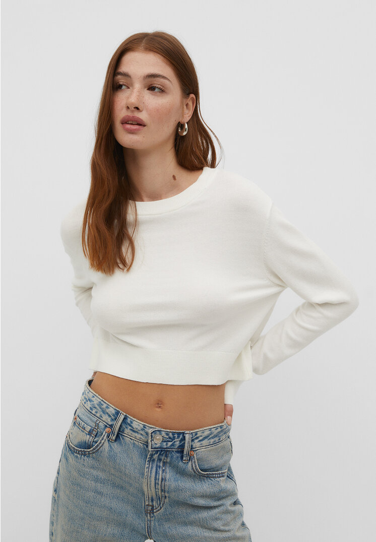

Stradivarius Krótki sweter basic z okrągłym dekoltem Ecru M