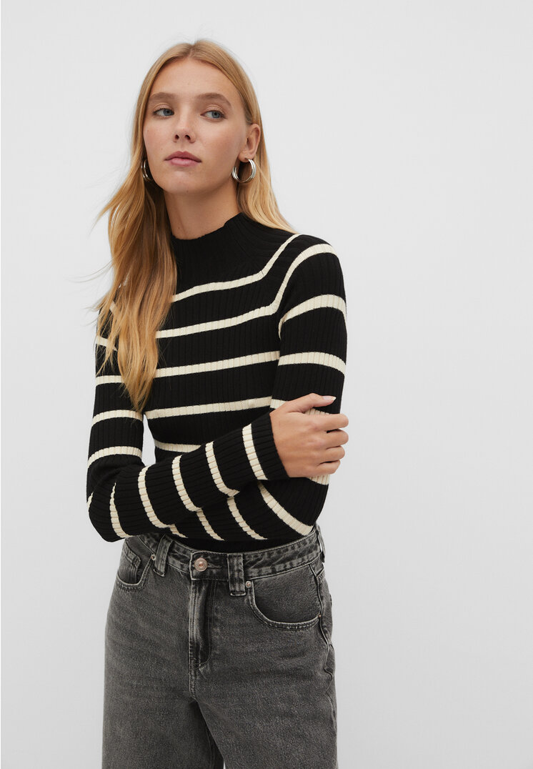 

Stradivarius Sweter z półgolfem z prążkowanej dzianiny w paski Czarny L