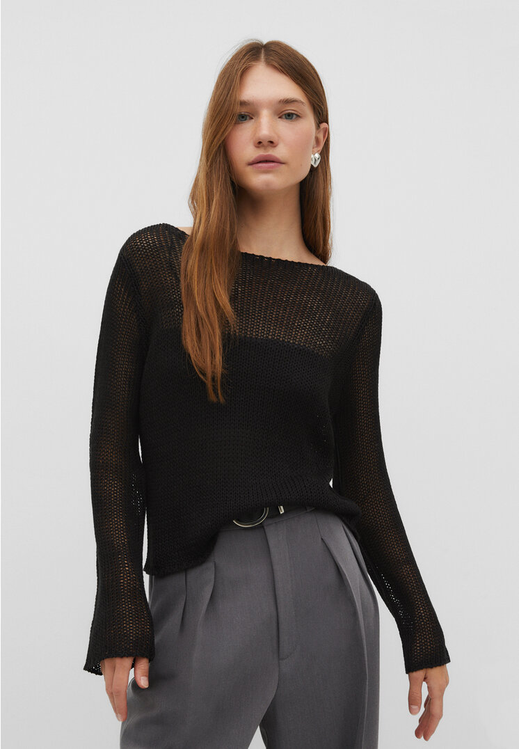 

Stradivarius Sweter basic z siateczkowej dzianiny Czarny XL
