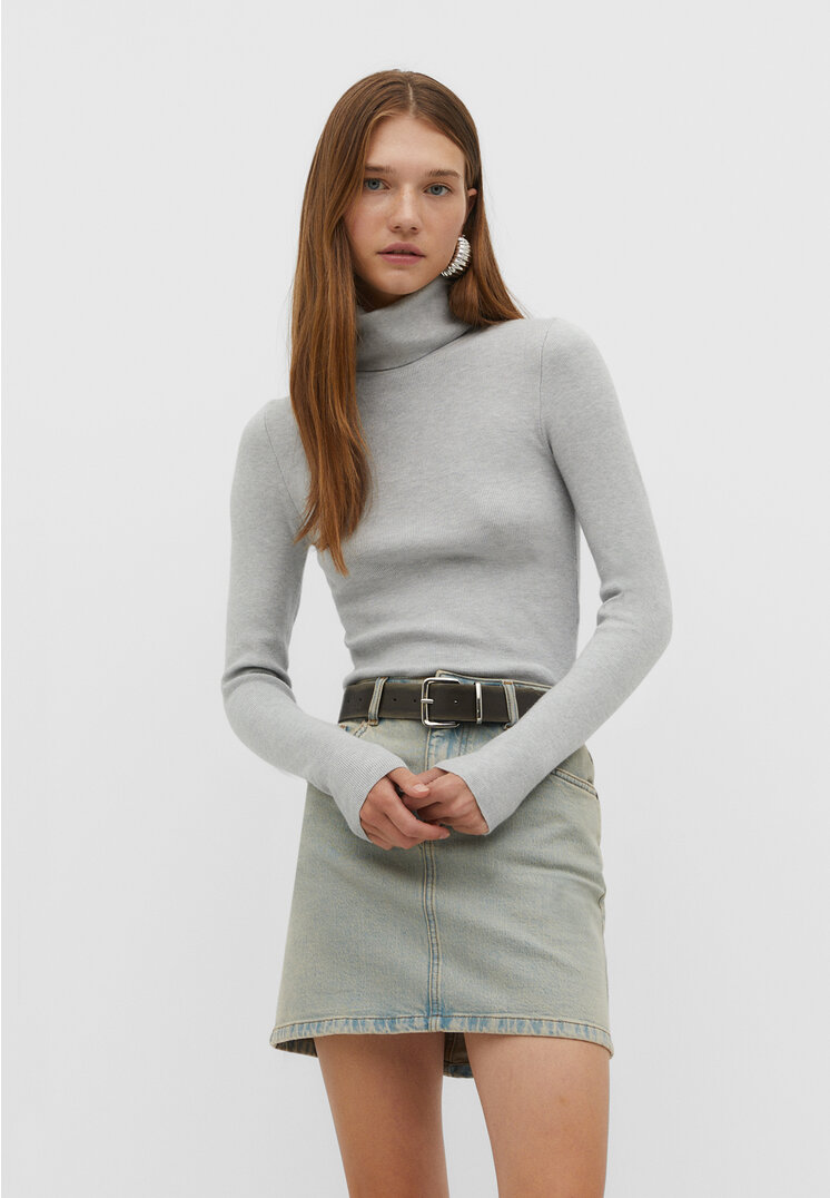 Stradivarius Cropped-Rollkragenpullover Grau Melange S