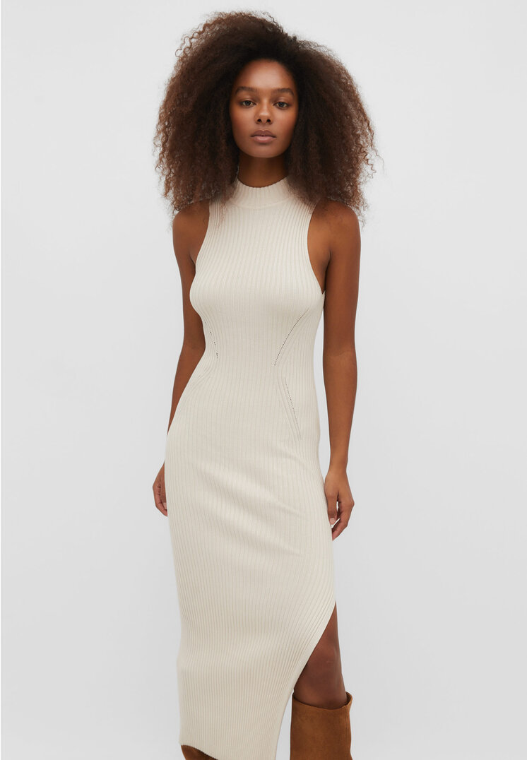 

Stradivarius Strickkleid mit Neckholder Steingrau L