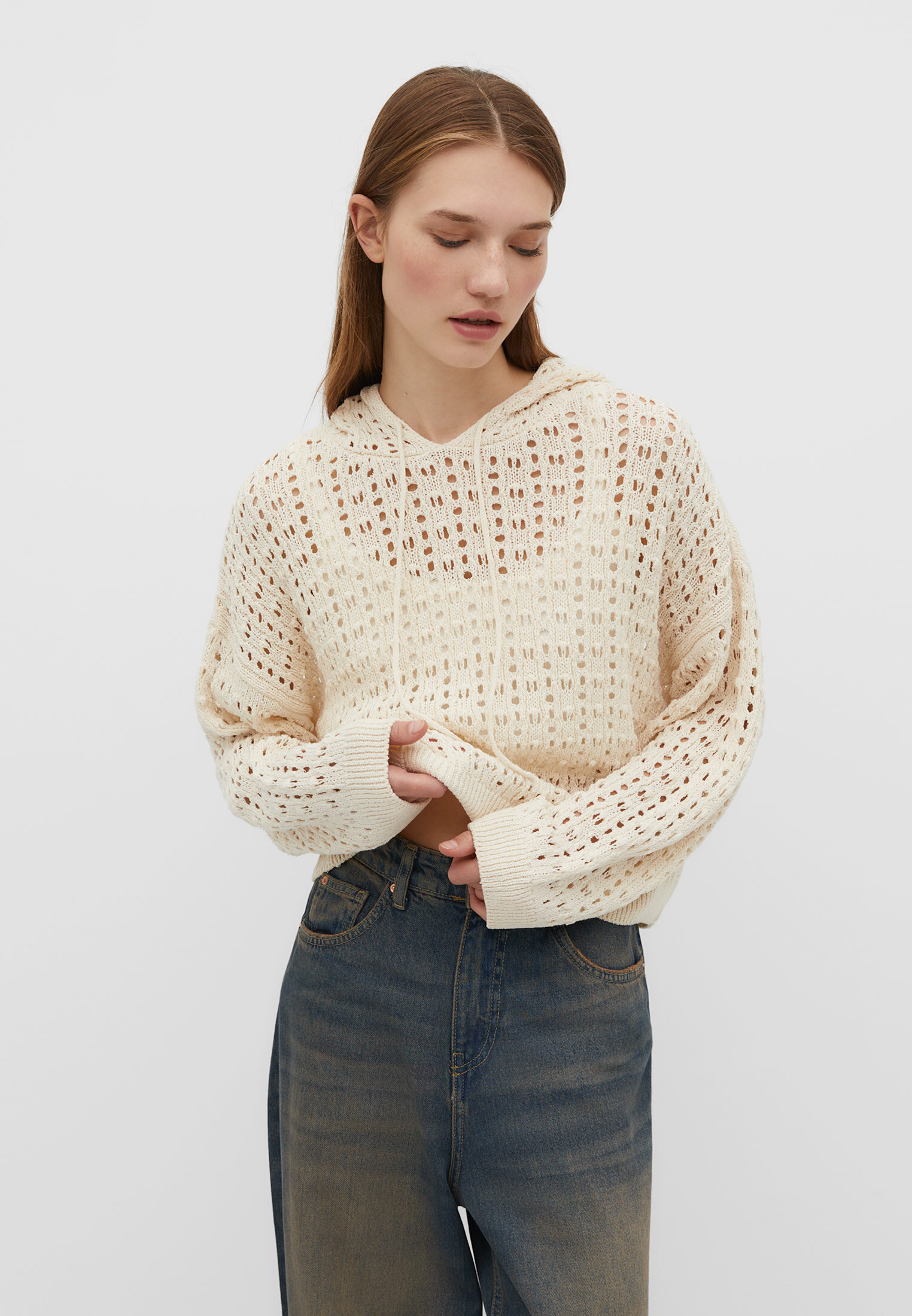 Open-knit hooded sweater