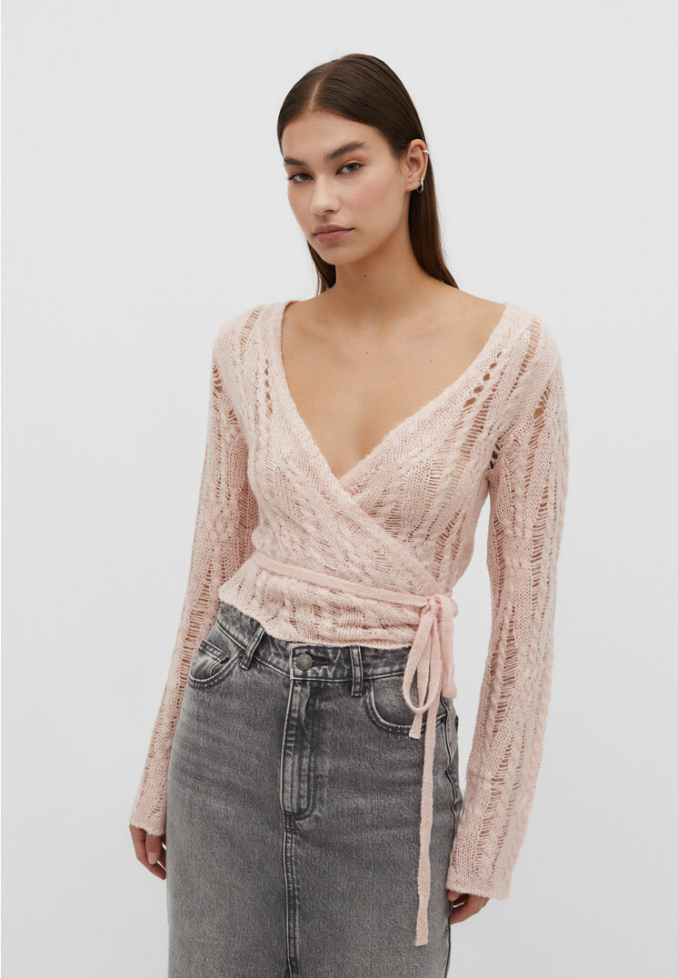 

Stradivarius Ballerina-Pullover mit lockerem Strickmuster Hellbeige S