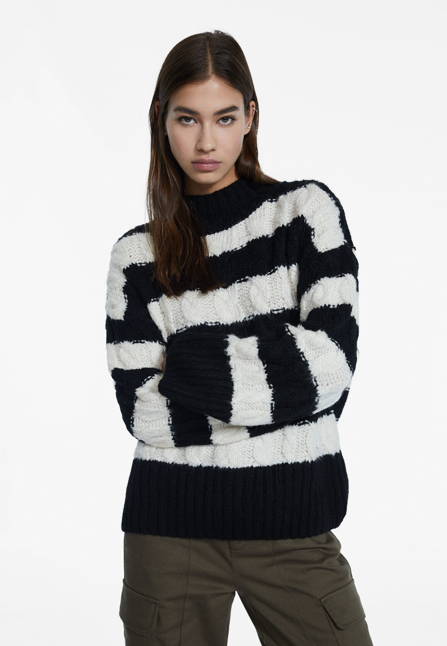 Mock neck outlet cable knit sweater