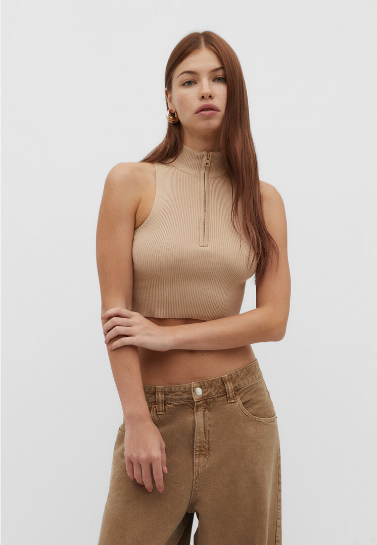 

Stradivarius Stricktop mit Reißverschluss Beige XL