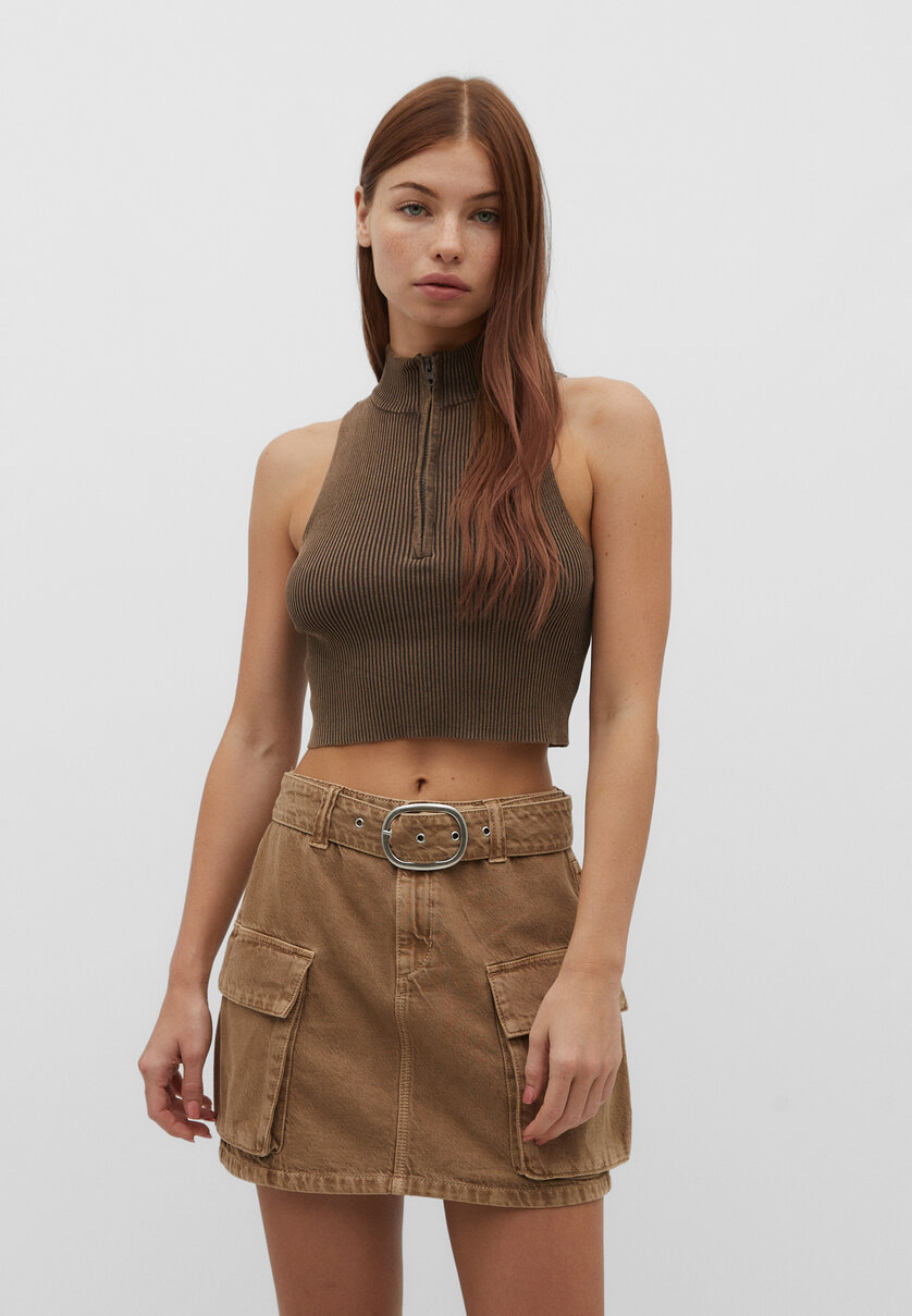 Faded-effect zipped knit top