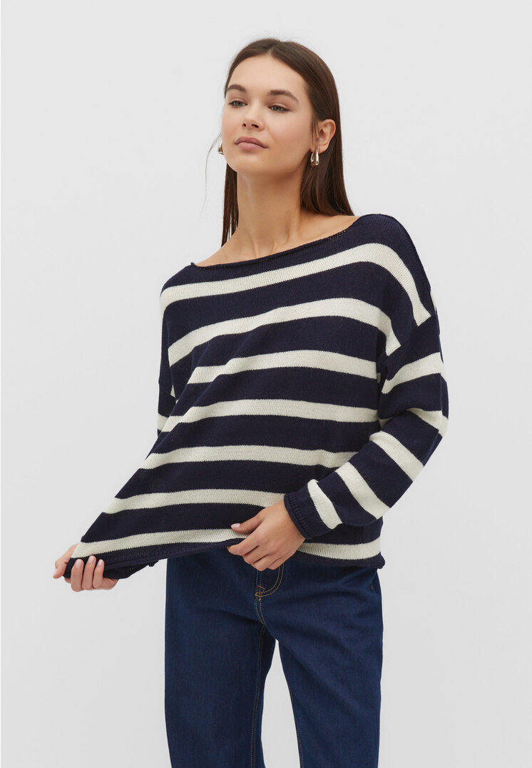 

Stradivarius Gestreifter Strickpullover mit Bateau-Ausschnitt Marineblau L