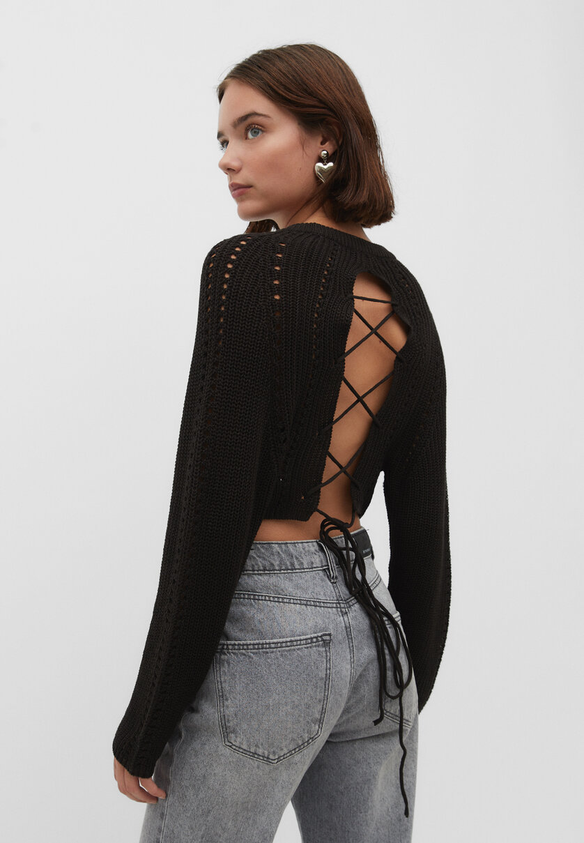 Knit sweater with criss-cross back