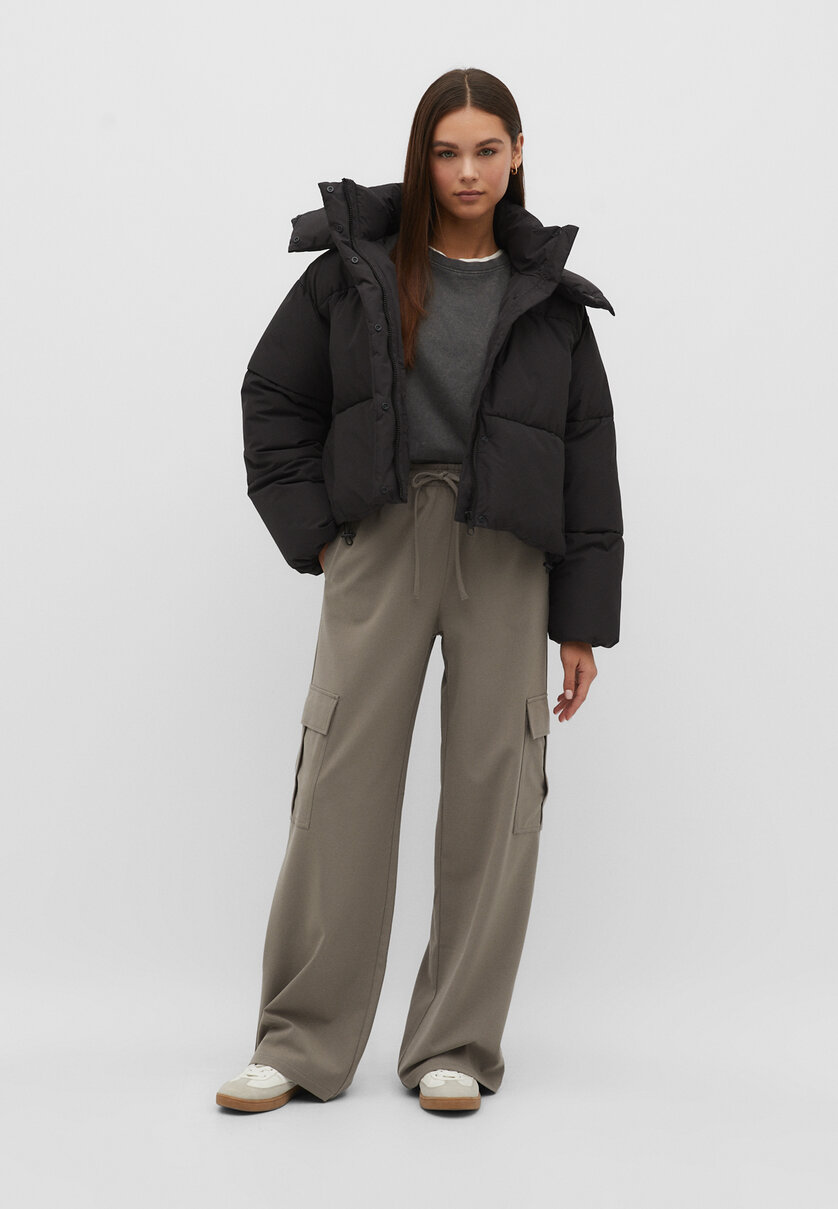 Asymmetric puffer jacket with hood