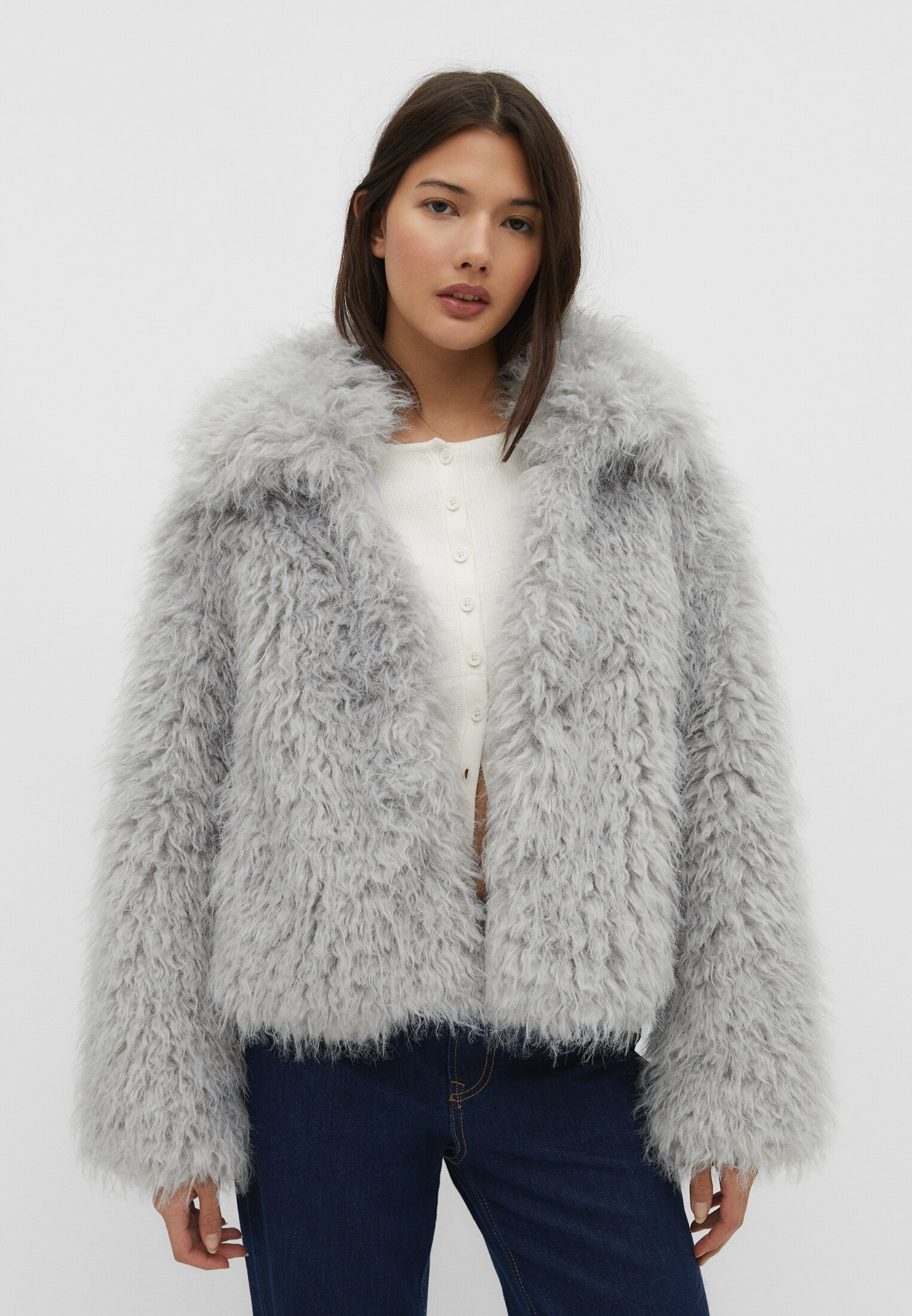 White Faux Fur Coat Women Winter Cropped Bubble Coats Lapel Collar Jackets  Fuzzy Fluffy Warm Outerwear