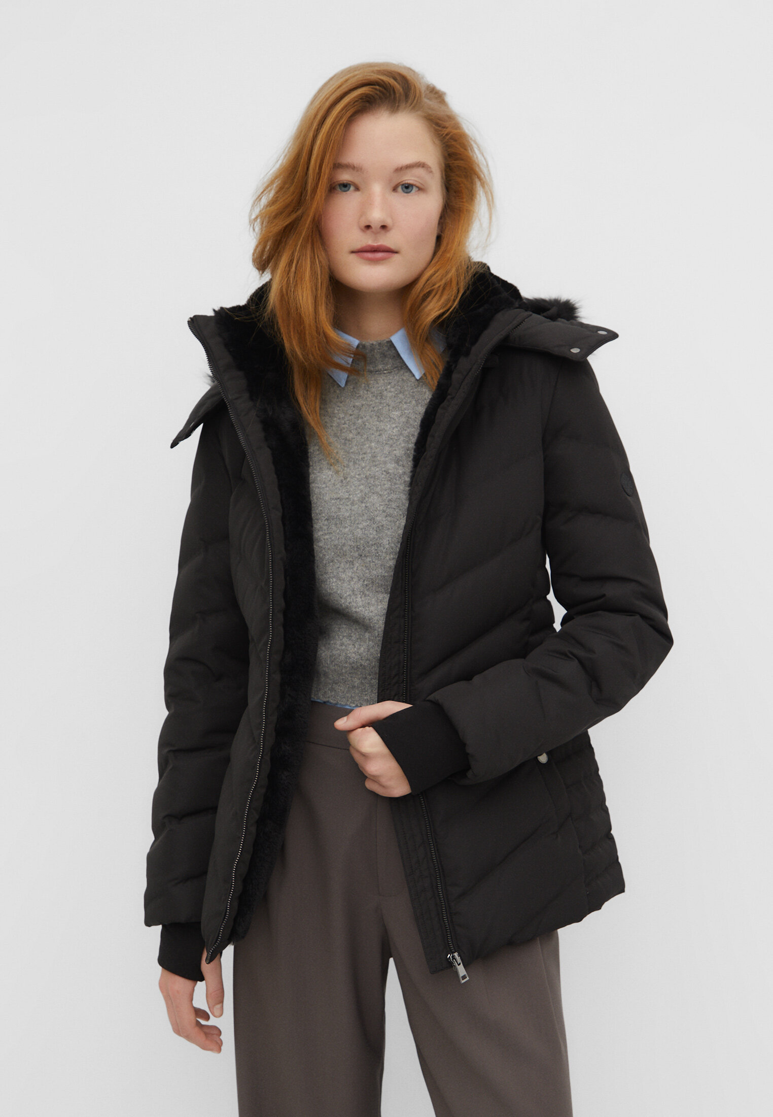 Black puffer jacket with shop belt and fur hood