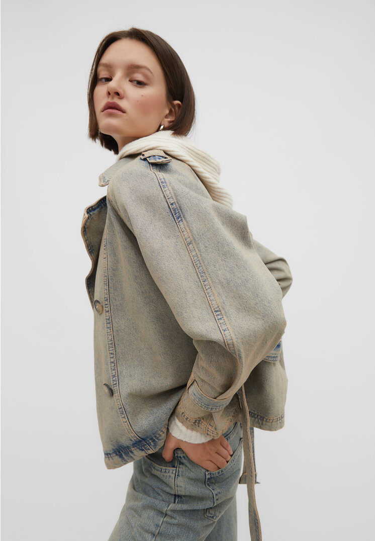 Stradivarius Jeans-Trenchcoat mit Gürtel Denim XL