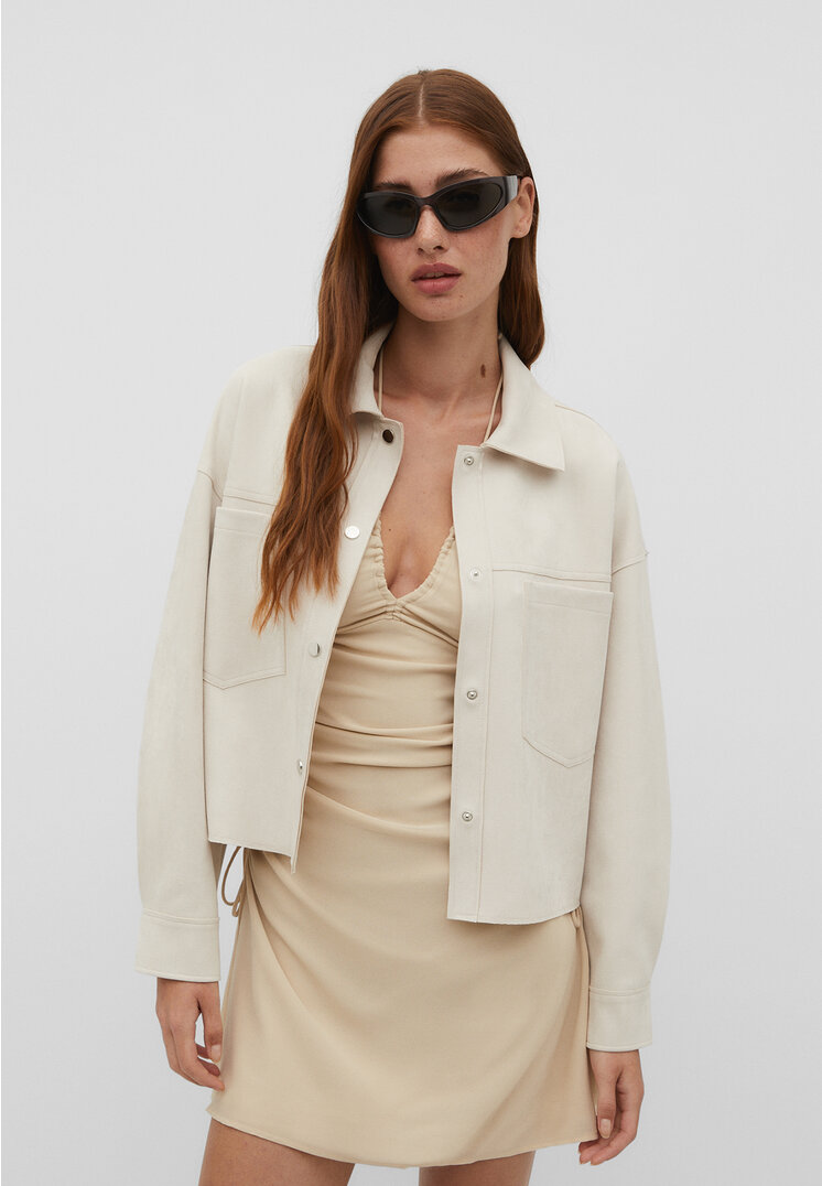 

Stradivarius Krótka koszula wierzchnia ze sztucznego zamszu Ecru XL