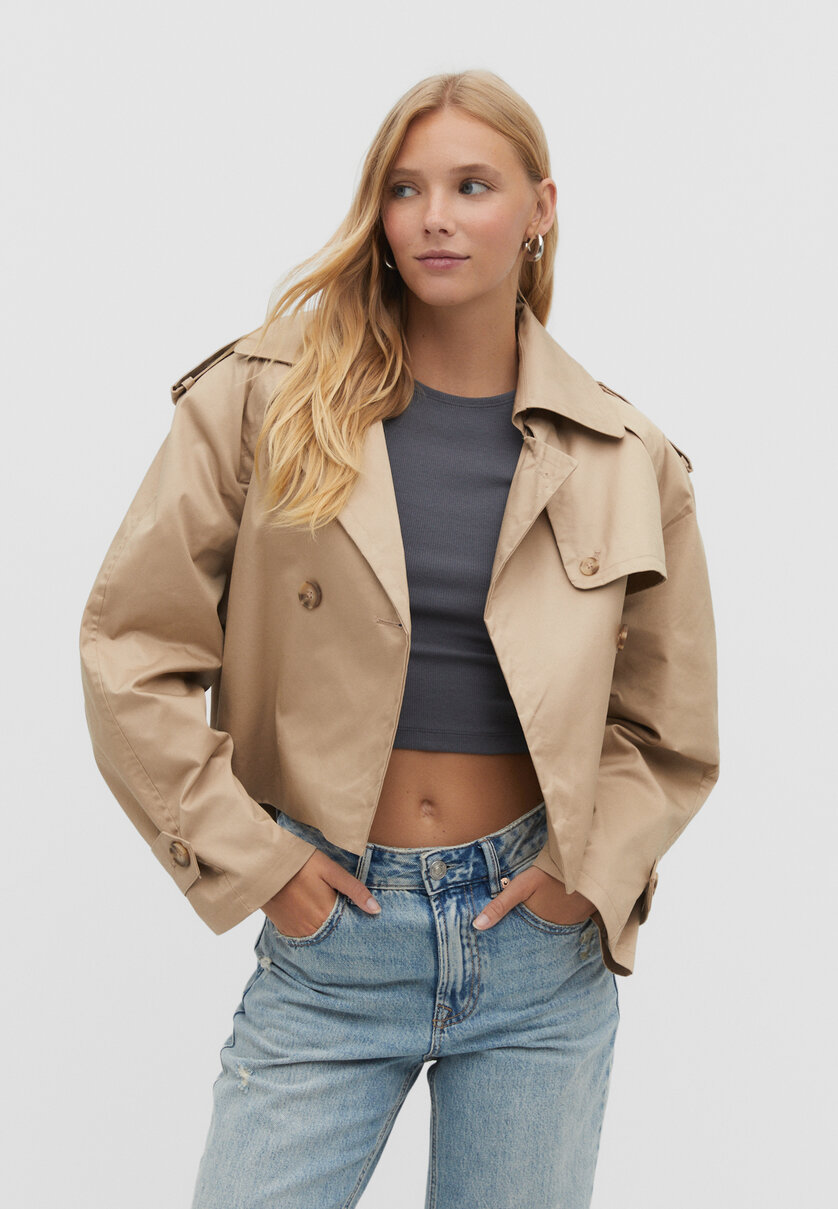Short oversized trench coat with shoulder pads