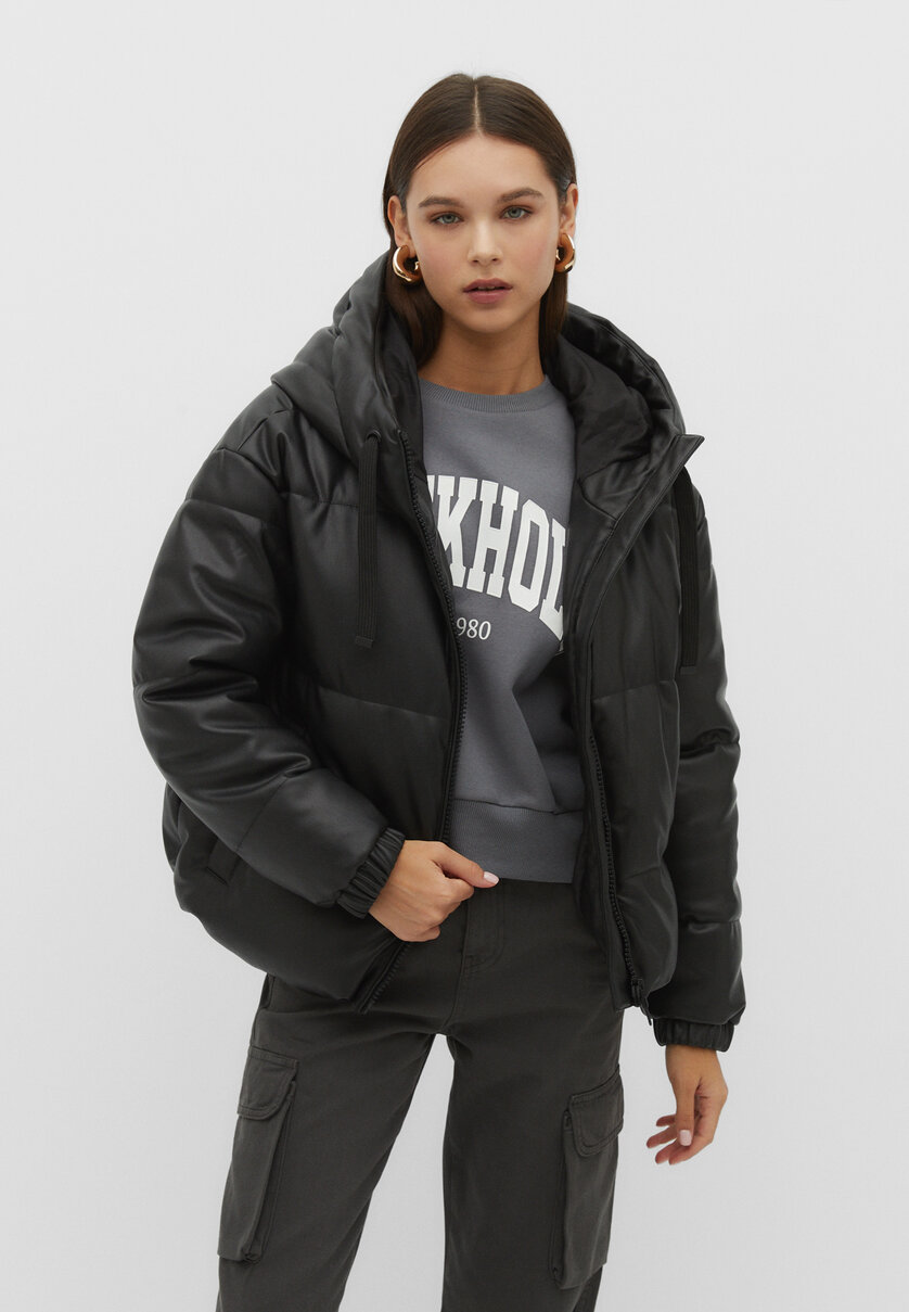 Hooded faux leather puffer jacket