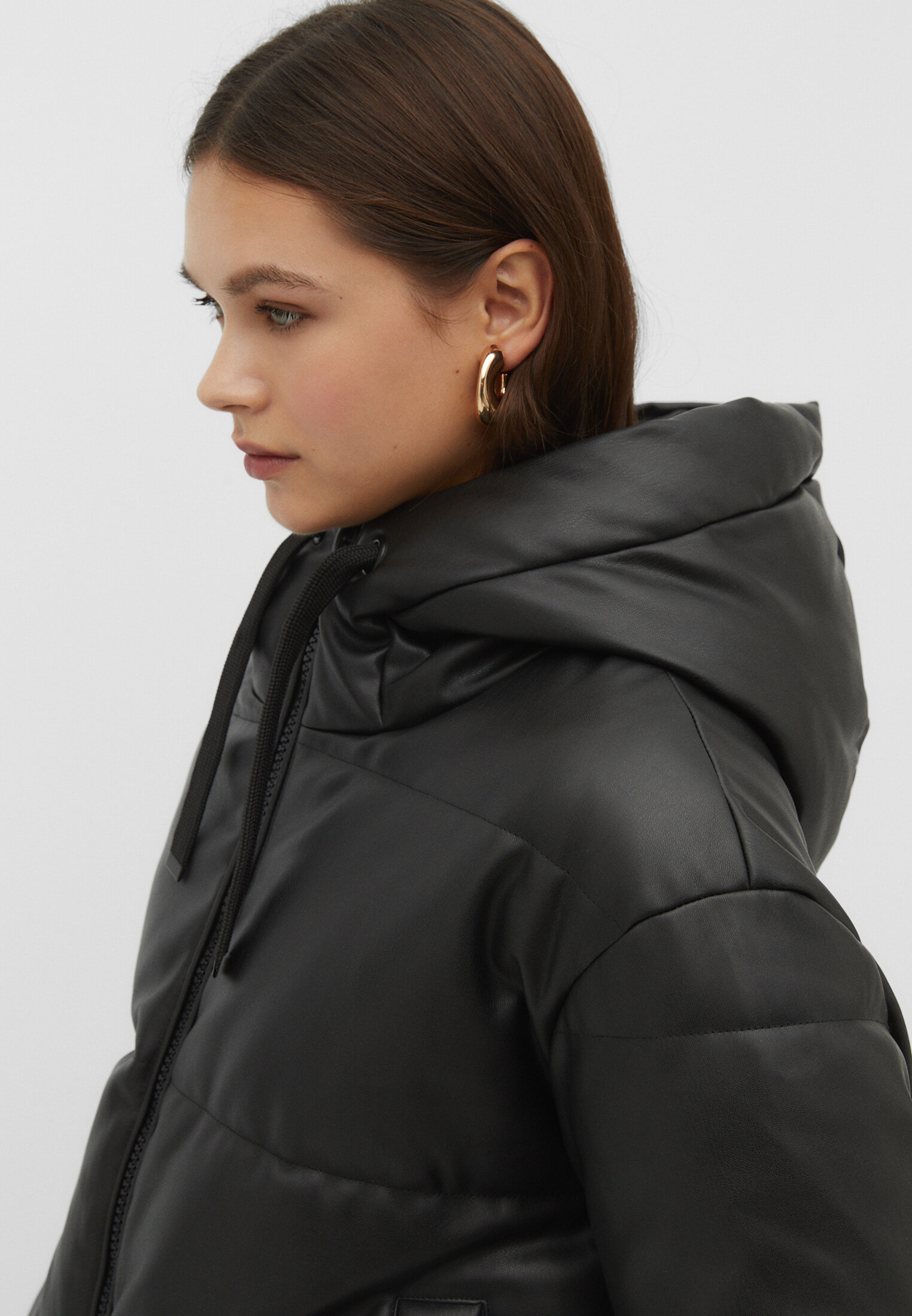 Hooded faux leather puffer jacket - Women's fashion | Stradivarius