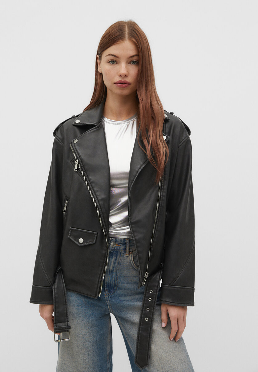 Long faux leather biker jacket