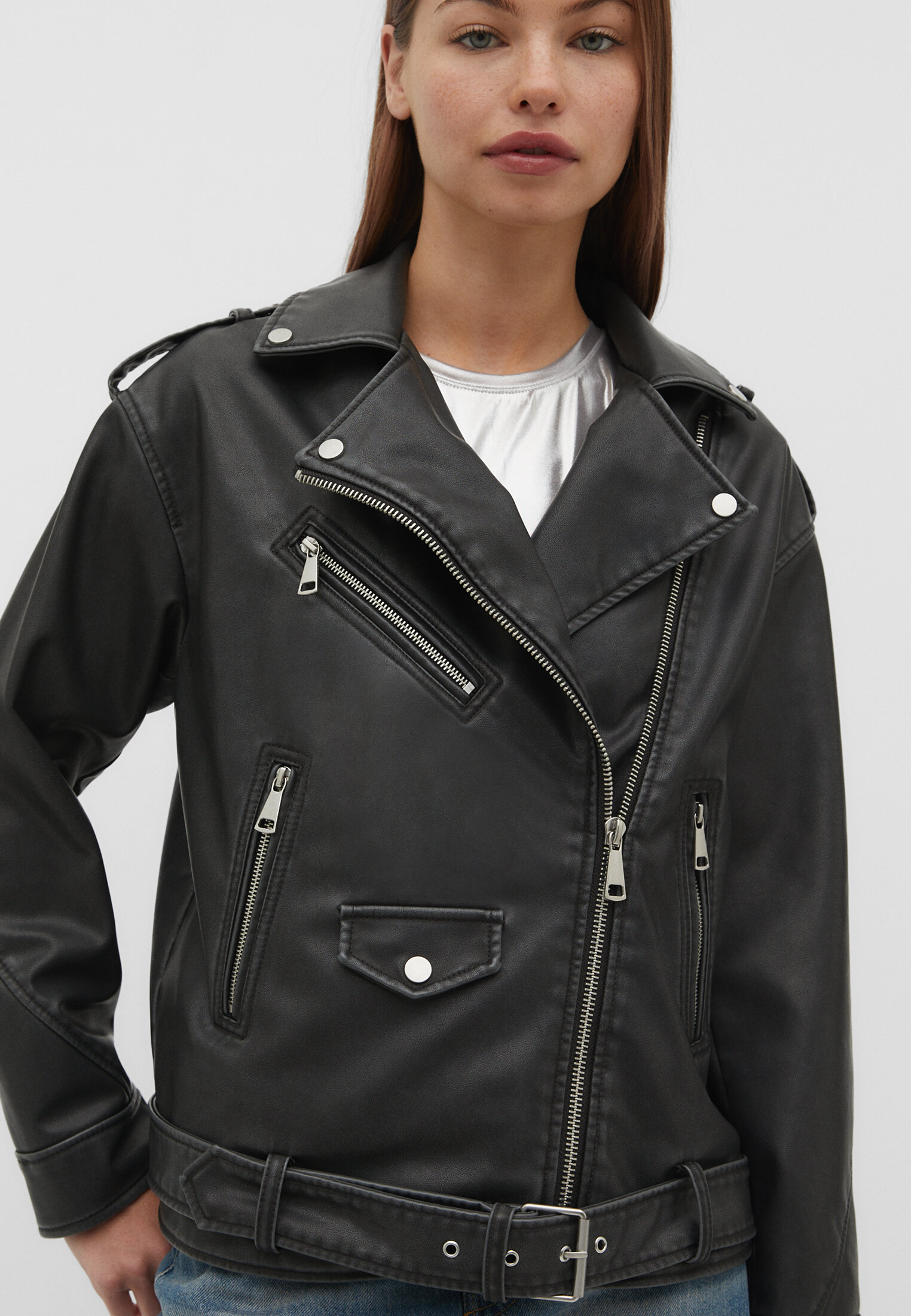 アウトレット価格 laceup leather biker jacket stradivarius