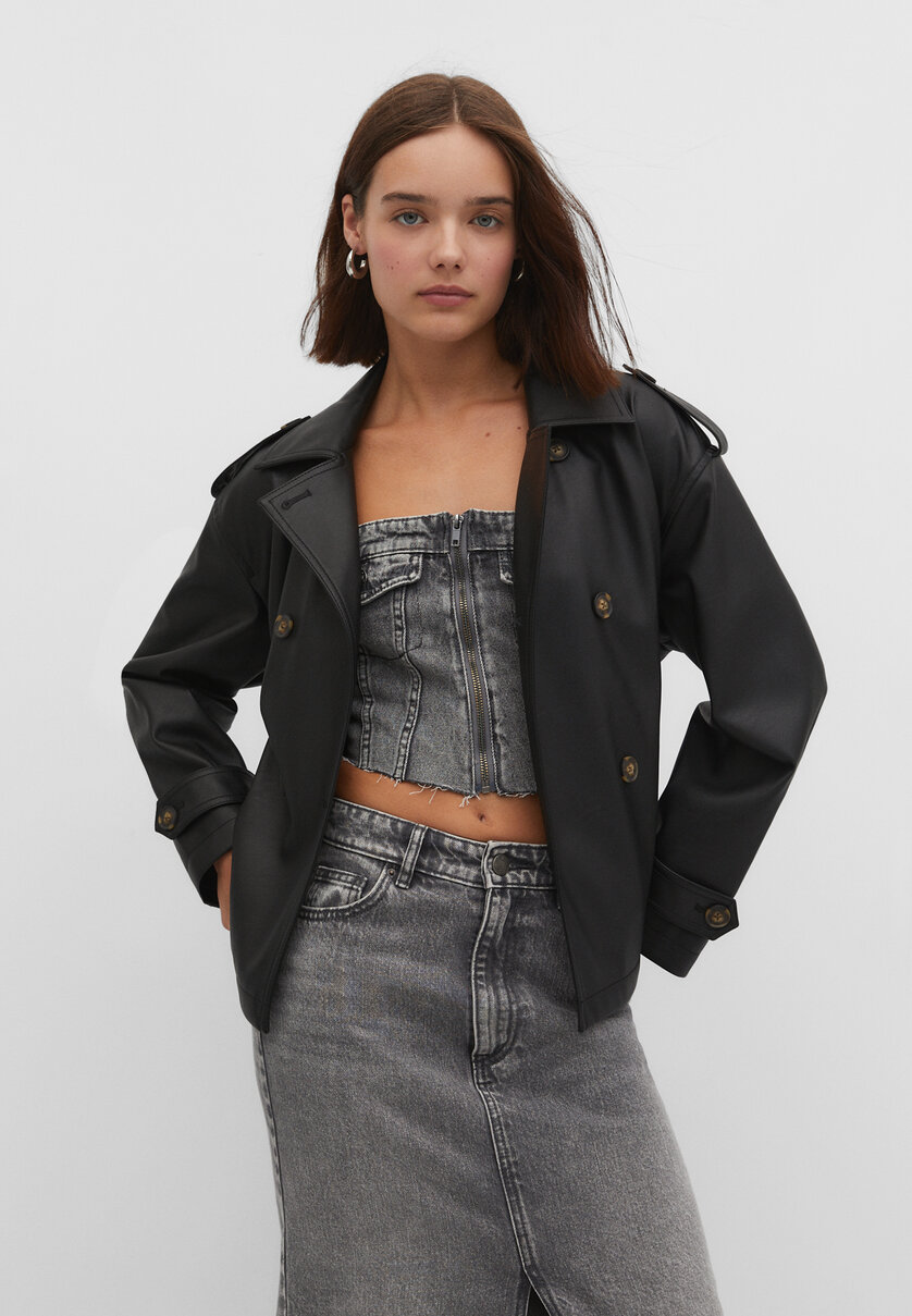 Short trench coat with faux leather belt
