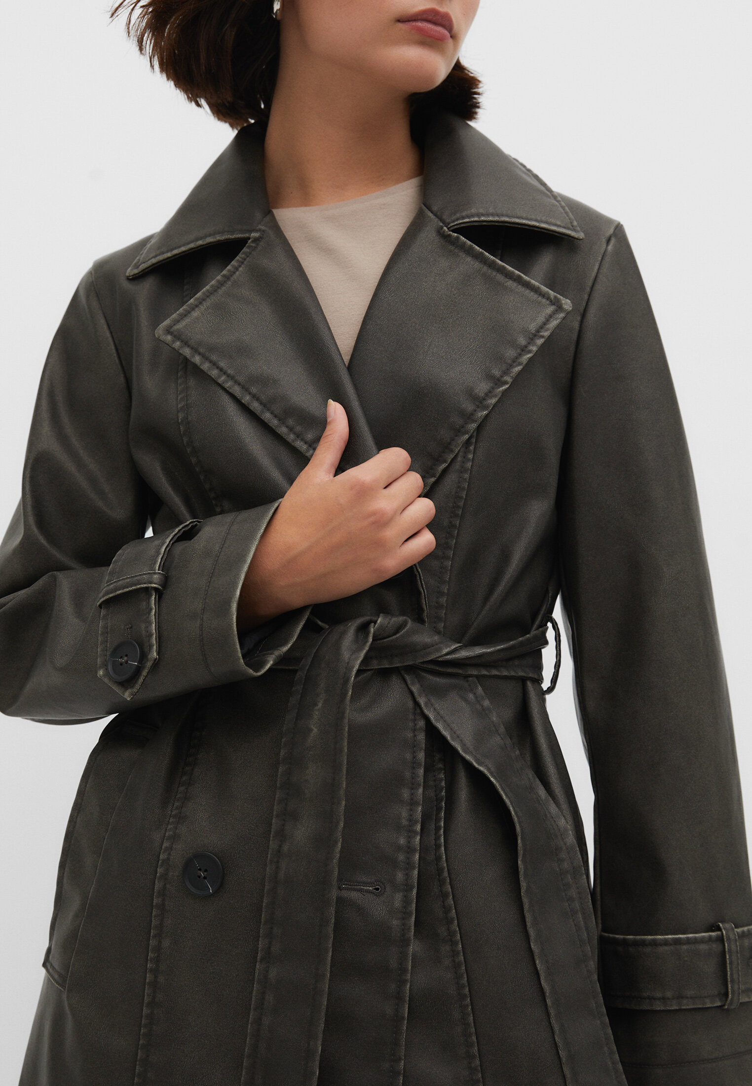 Long distressed effect faux leather trench coat