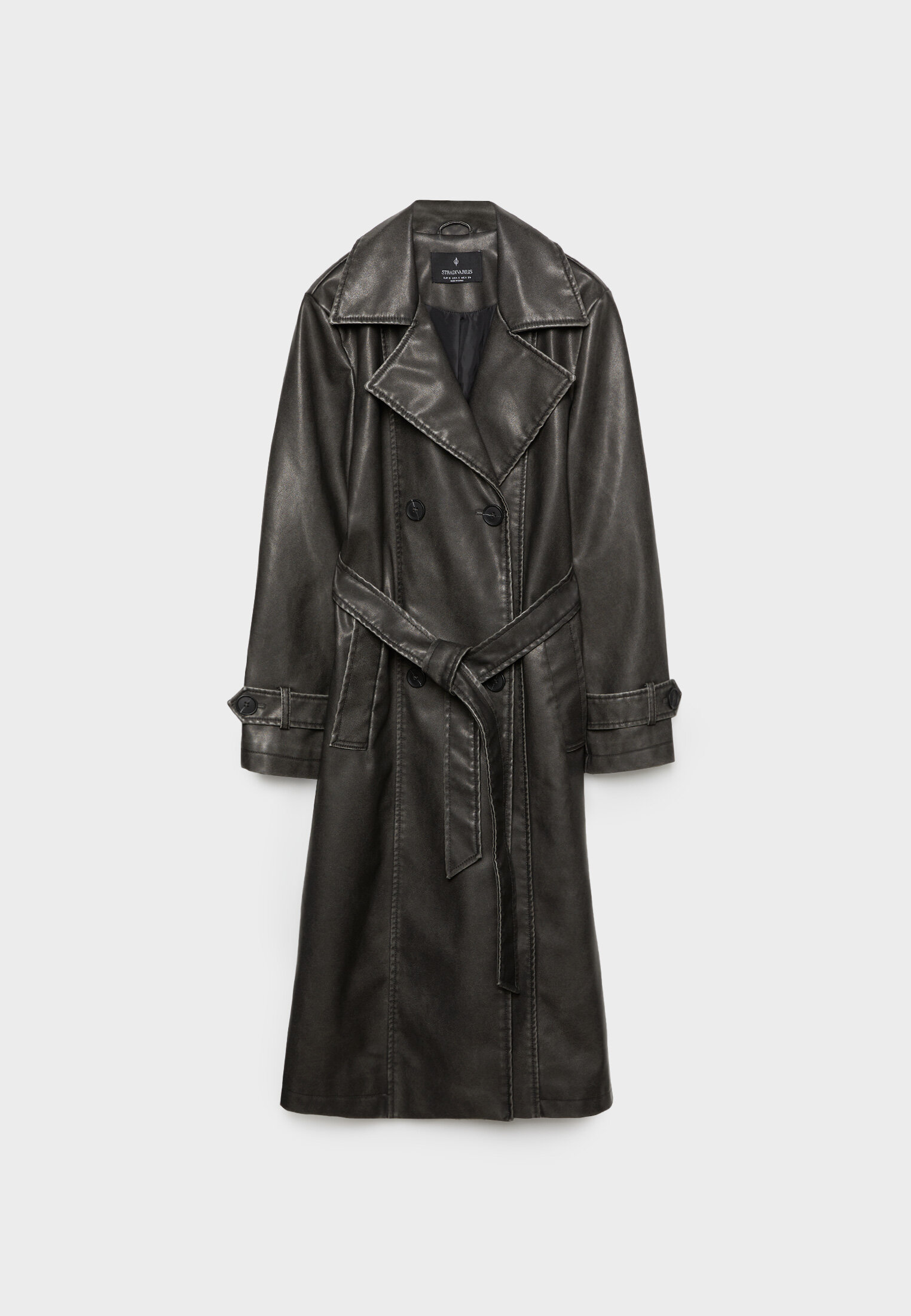 Long distressed effect faux leather trench coat