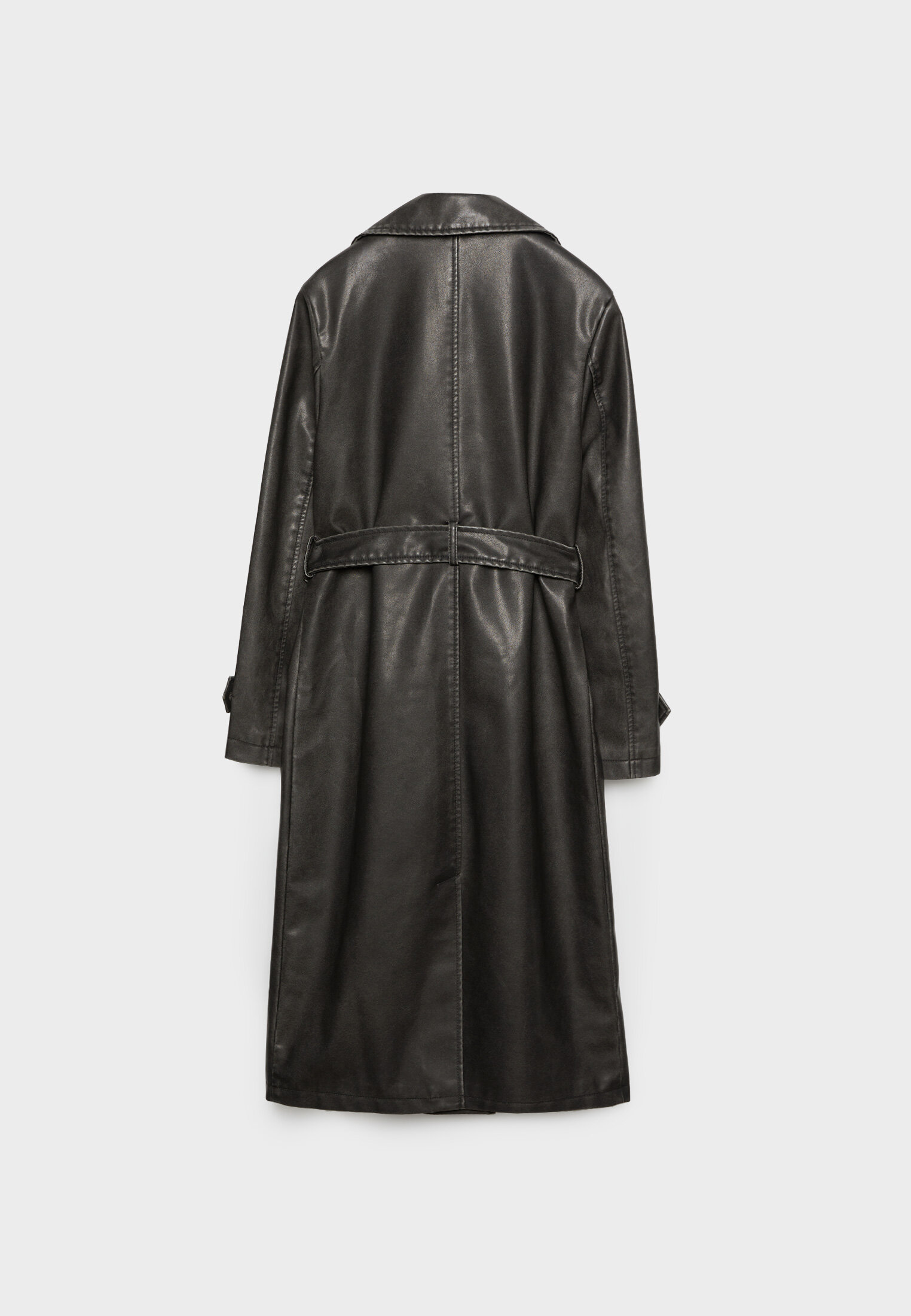 Long distressed effect faux leather trench coat