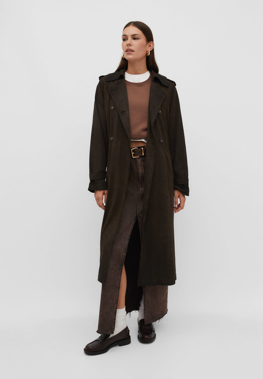 Long faded-effect faux suede trench coat