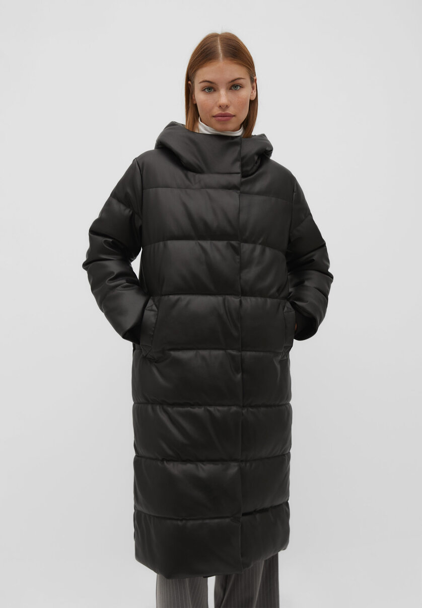 Long faux leather puffer coat