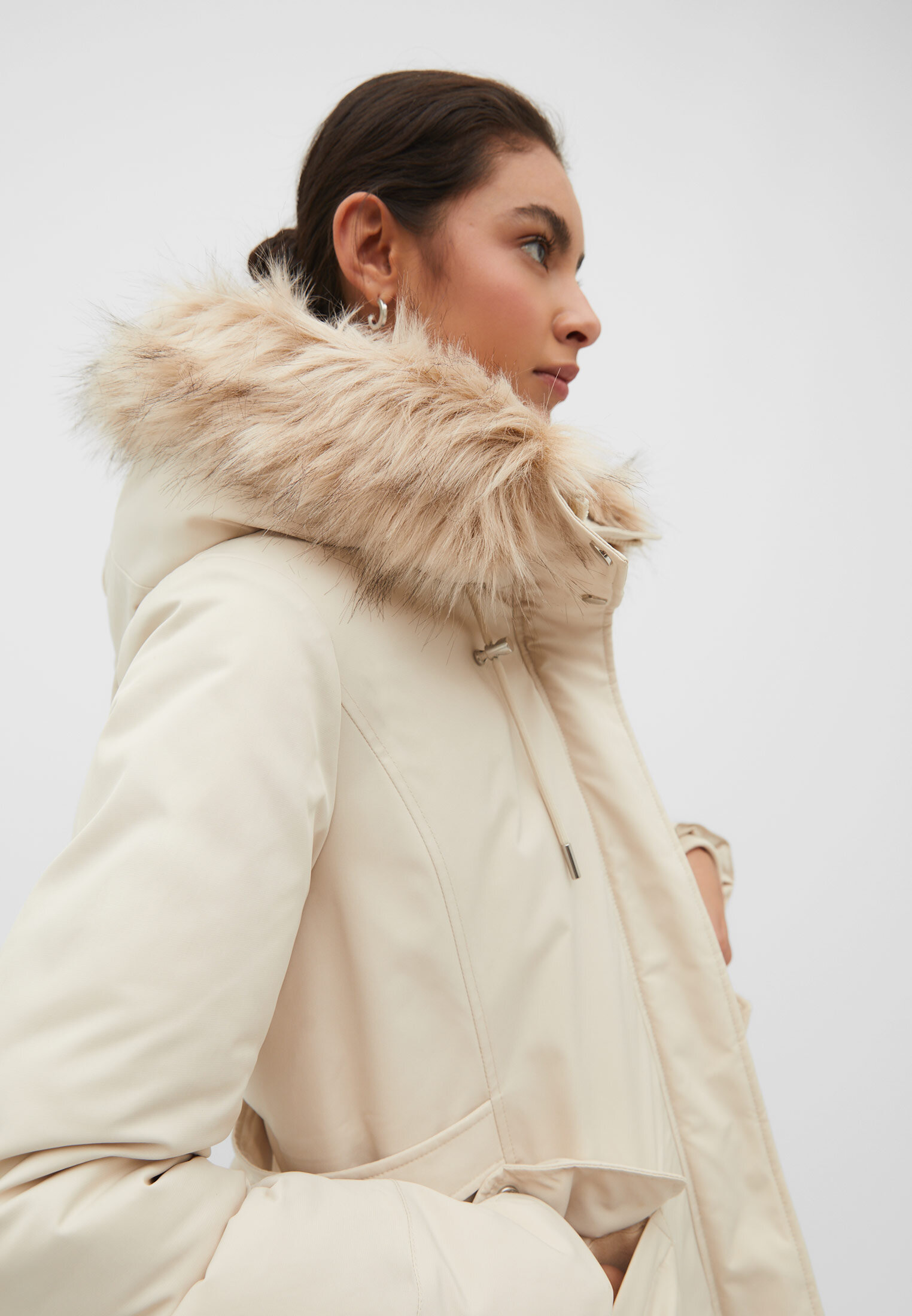 Stradivarius parka jacket with fur clearance hood