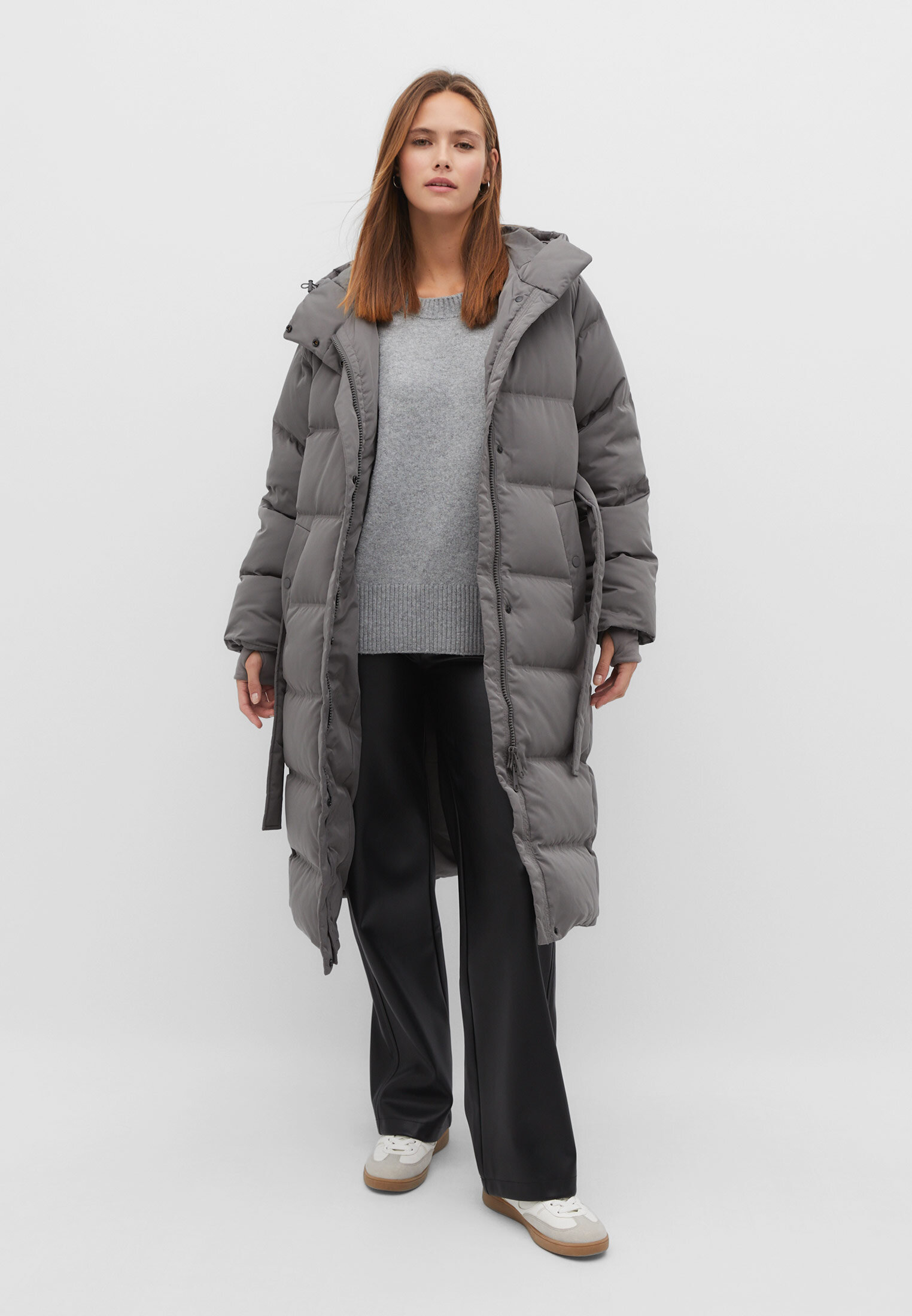 Grey puffer outlet coat with belt