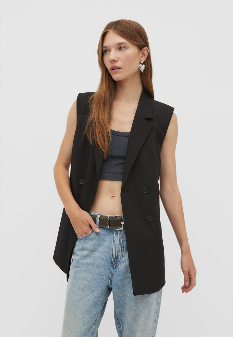 Stradivarius Lange Weste mit Gürtel Schwarz L
