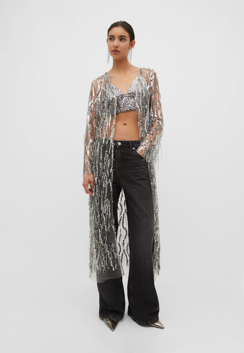 Long sequinned kimono with fringing
