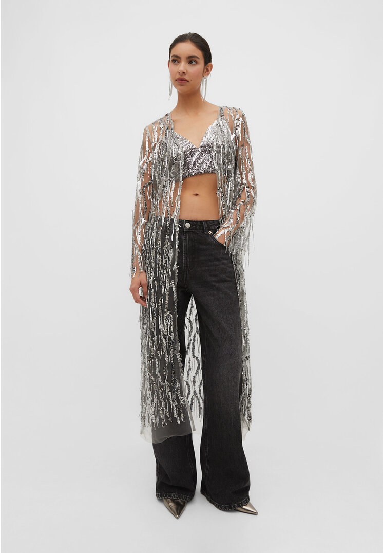 

Stradivarius Langer Kimono mit Pailletten und Fransen Dunkelgrau L