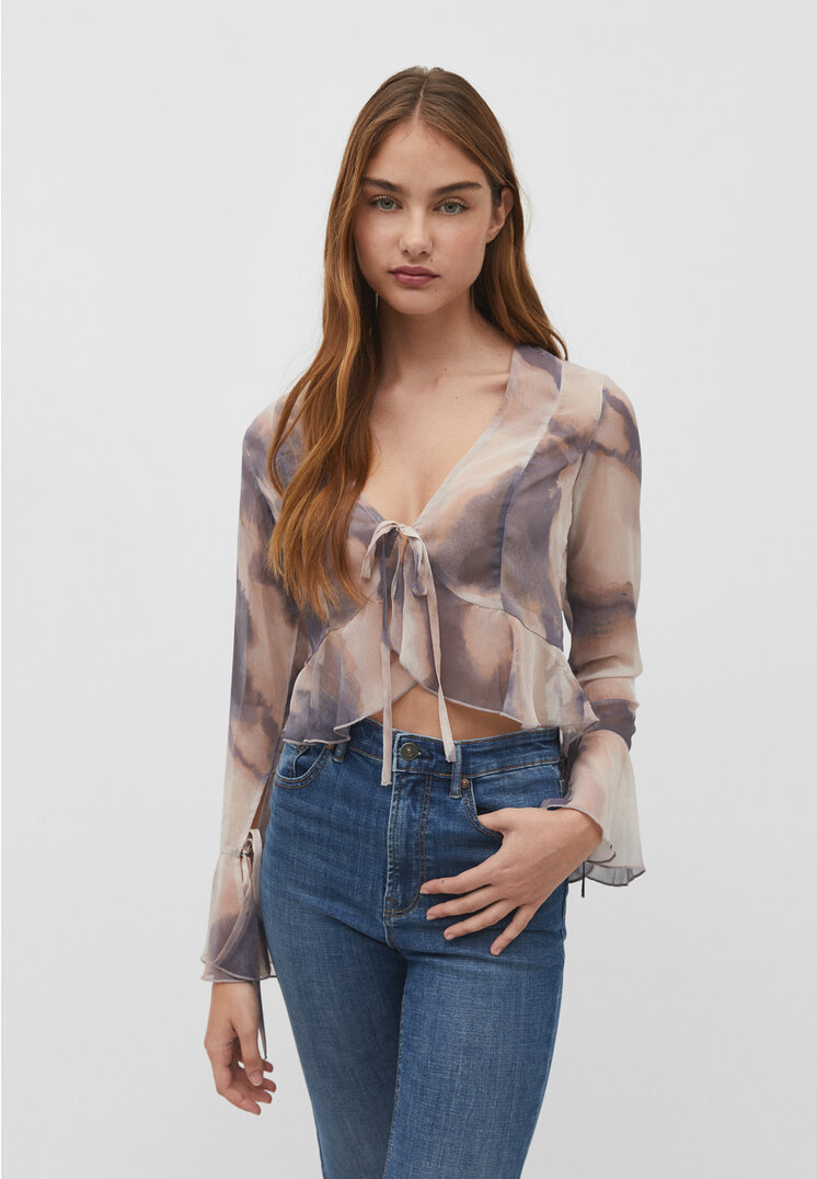 Stradivarius Offene, fließende Bluse mit Knoten Grau S