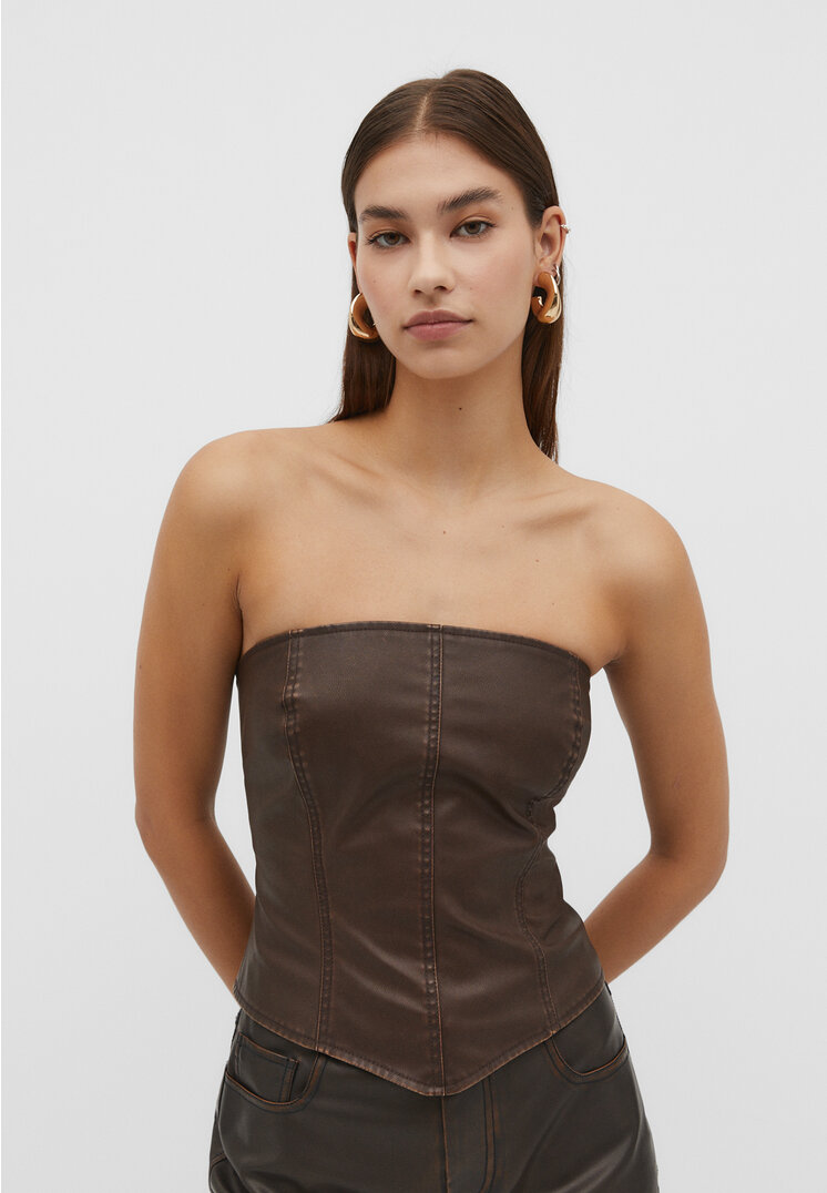 

Stradivarius Bustier-Top aus verwaschenem Kunstleder Braun XL
