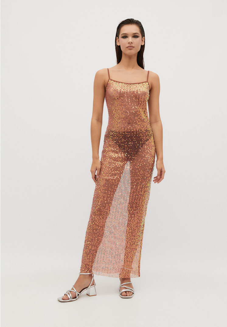 

Stradivarius Langes Kleid mit Trägern und Pailletten Ziegelrot M